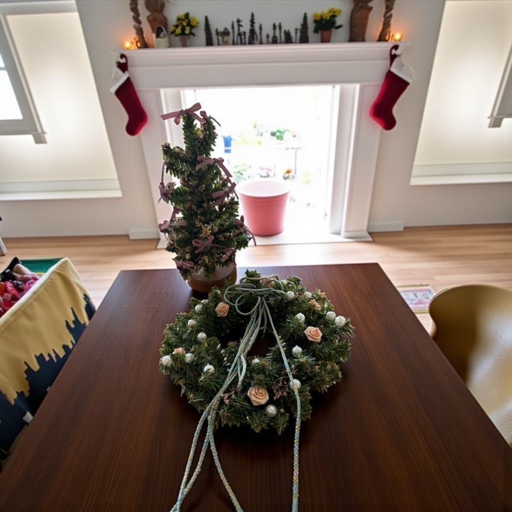 Vintage Handmade Christmas Tree and Wreath Pearls Pink Roses
